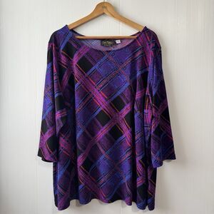 BOB MACKIE Wearable Art 2X Geometric Print 3/4 Sleeve Blouse Top Purple Black